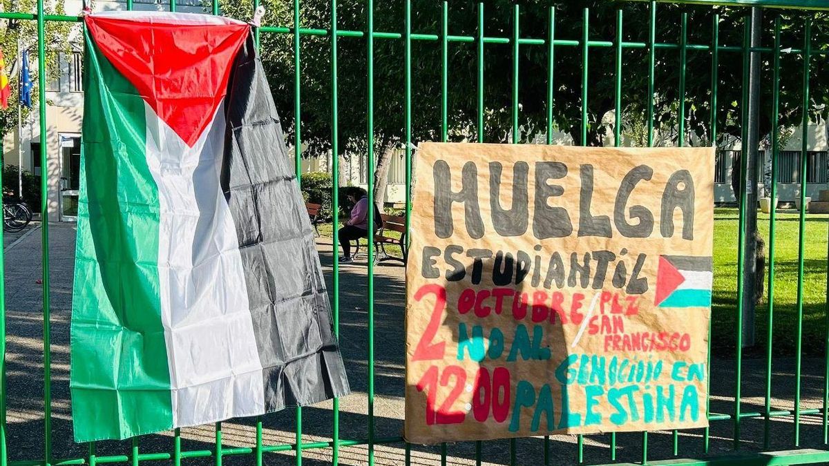 Carteles sobre la huelga que se ha desarrollado hoy contra el genocidio en Palestina