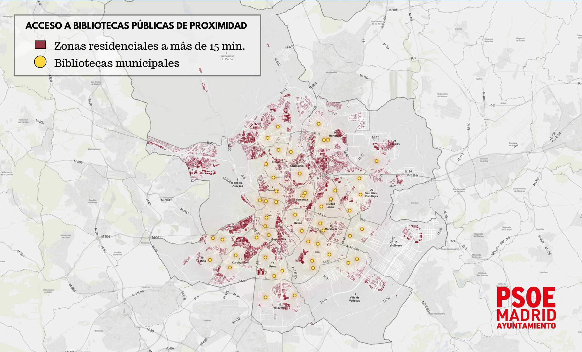 Bibliotecas municipales o regionales y zonas residenciales (en rojo) sin una a menos de 15 minutos