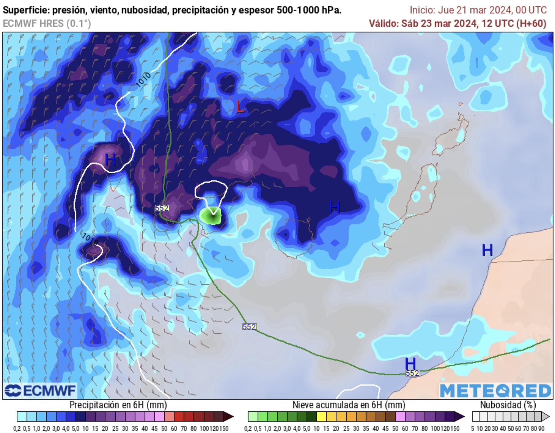 Previsión del modelo europeo para Canarias este sábado, con abundantes lluvias y nieve en la cumbre tinerfeña.