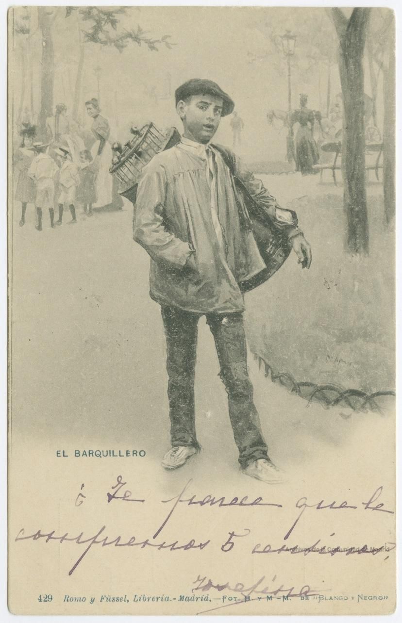 Postal de un barquillero distribuida por la imprenta Hauser y Menet (1874)