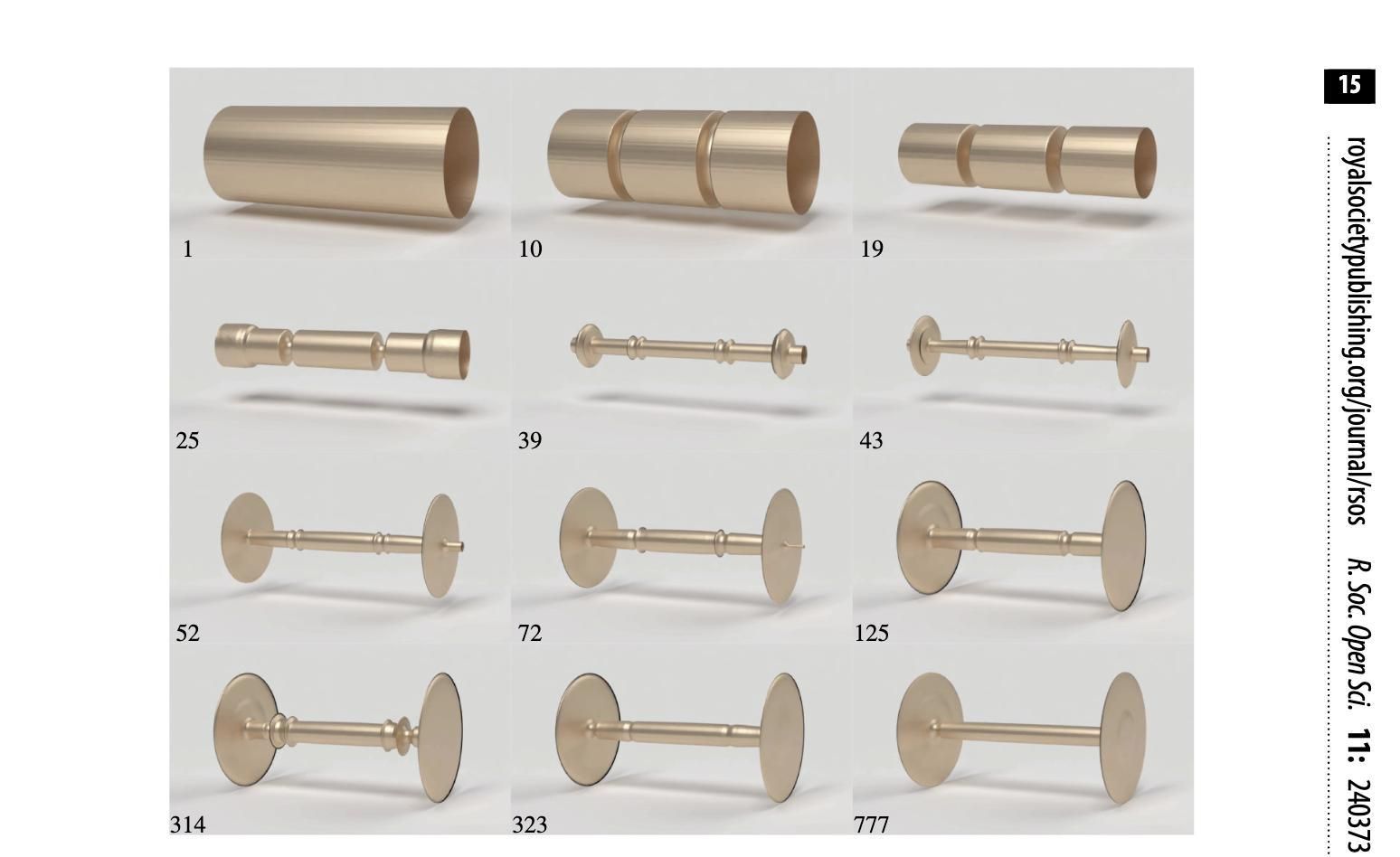 Simulación por computadora de la evolución de un rodillo a una estructura de rueda y eje. Cada imagen representa un diseño evaluado por el algoritmo. La búsqueda finalmente converge en el diseño familiar de rueda y eje