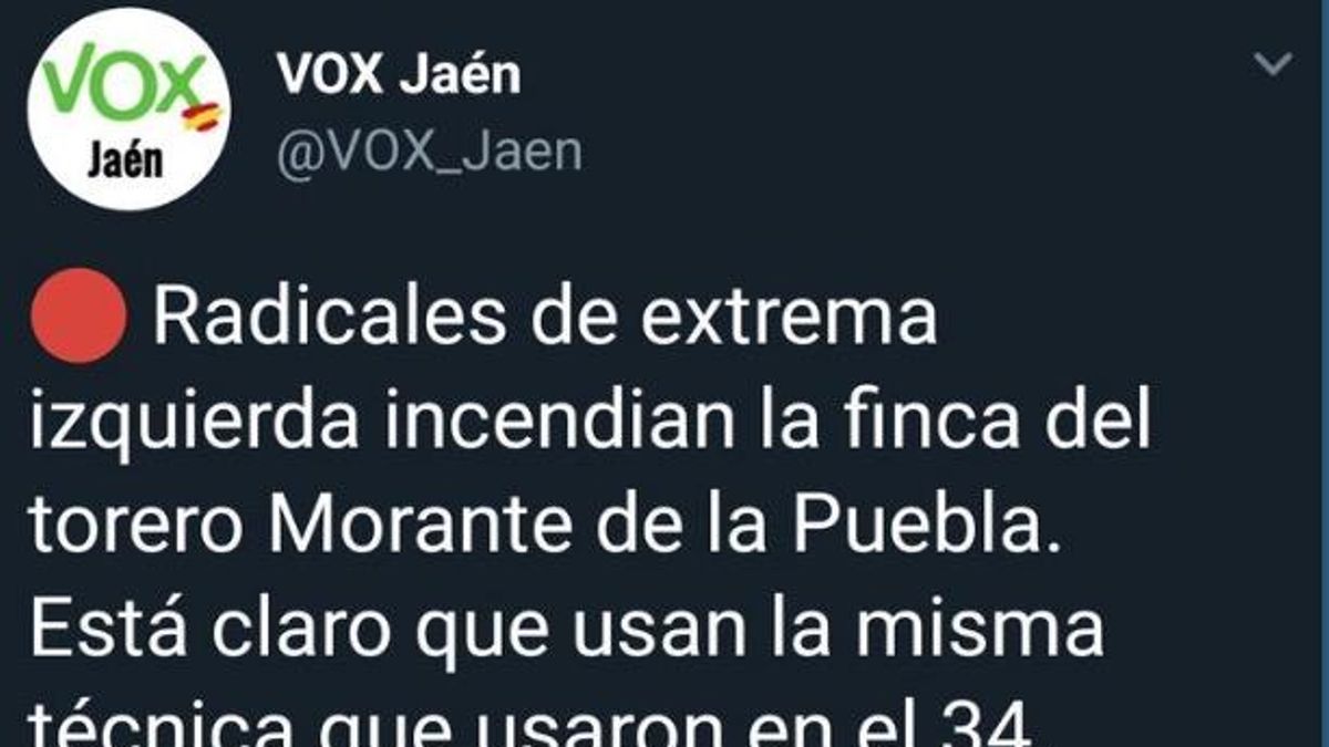 Tuit difundido por Vox en Jaén y que posteriormente ha retirado
