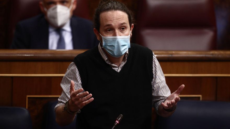 El vicepresidente segundo del Gobierno, Pablo Iglesias, durante una sesión de Control al Gobierno en el Congreso de los Diputados, en Madrid, (España), a 24 de febrero de 2021.