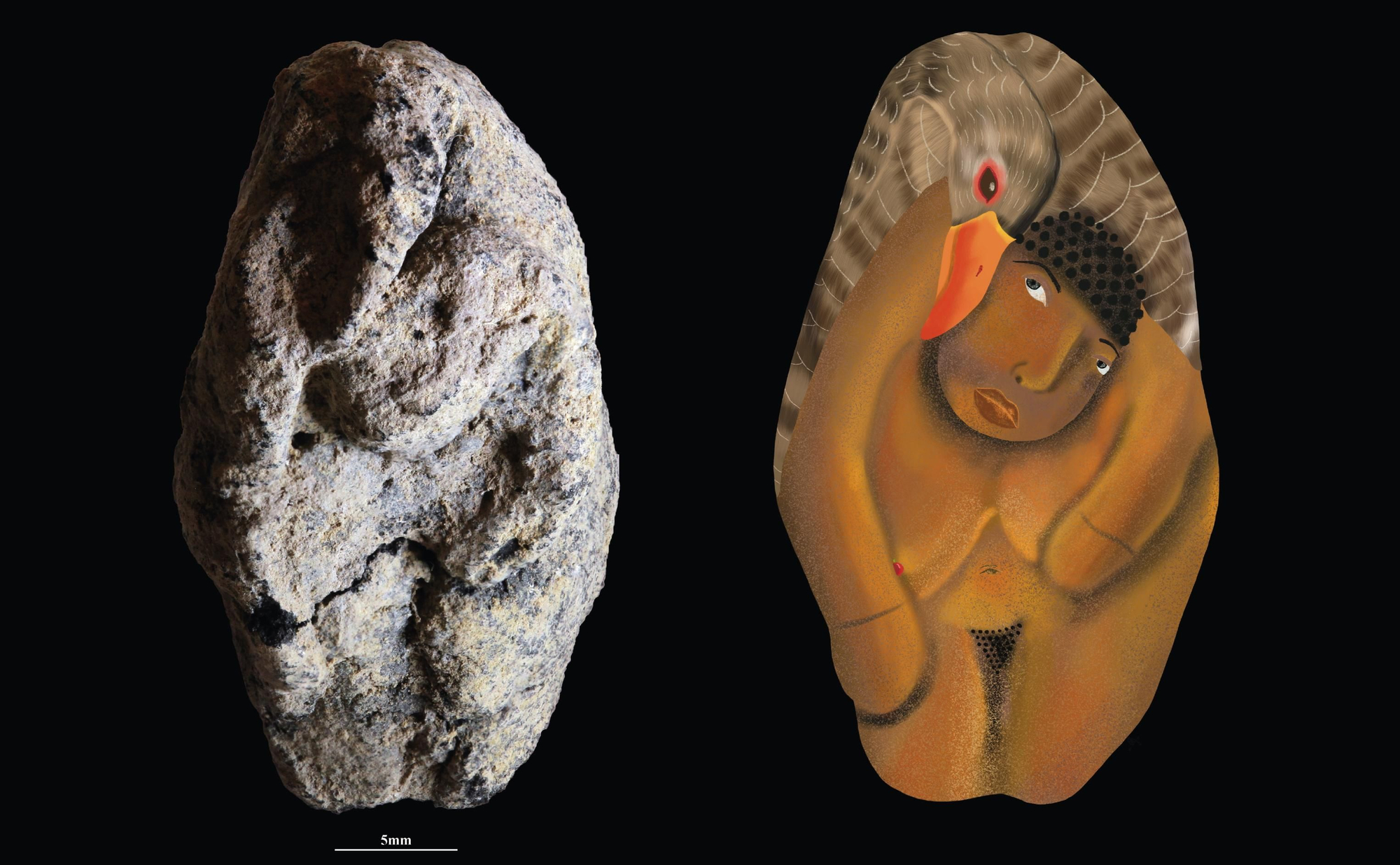 La estatuilla de 12.000 años y una visión artística de lo que representa: una mujer con un ganso a hombros.