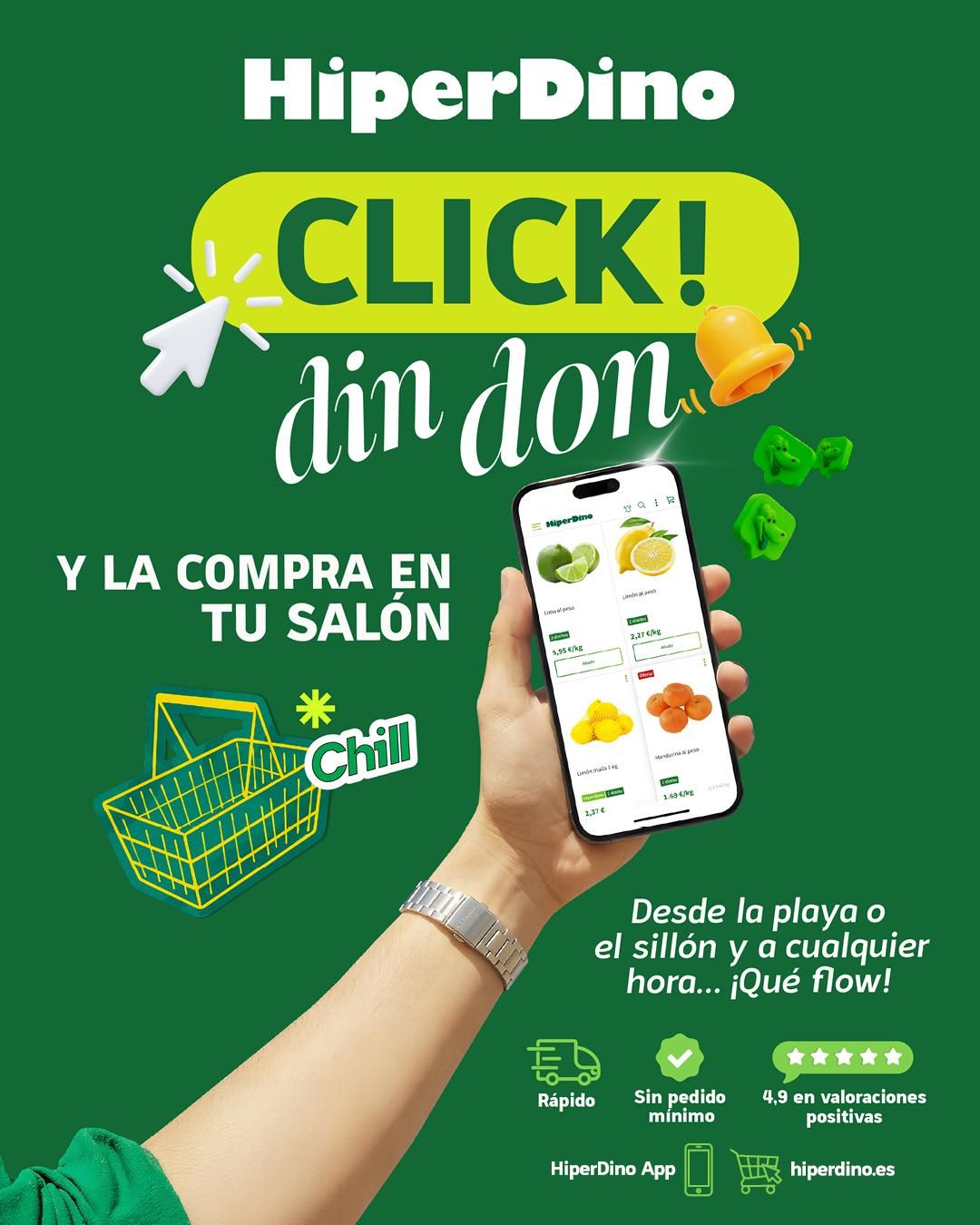 Cartel de la campaña de HiperDino 'Click Din Don'.
