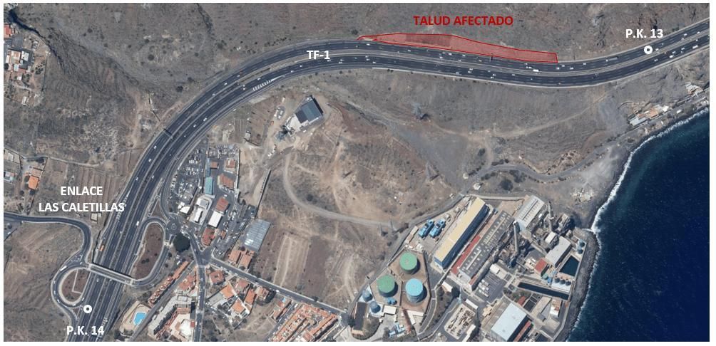 Tramo de la TF-1 afectado por las obras de emergencia