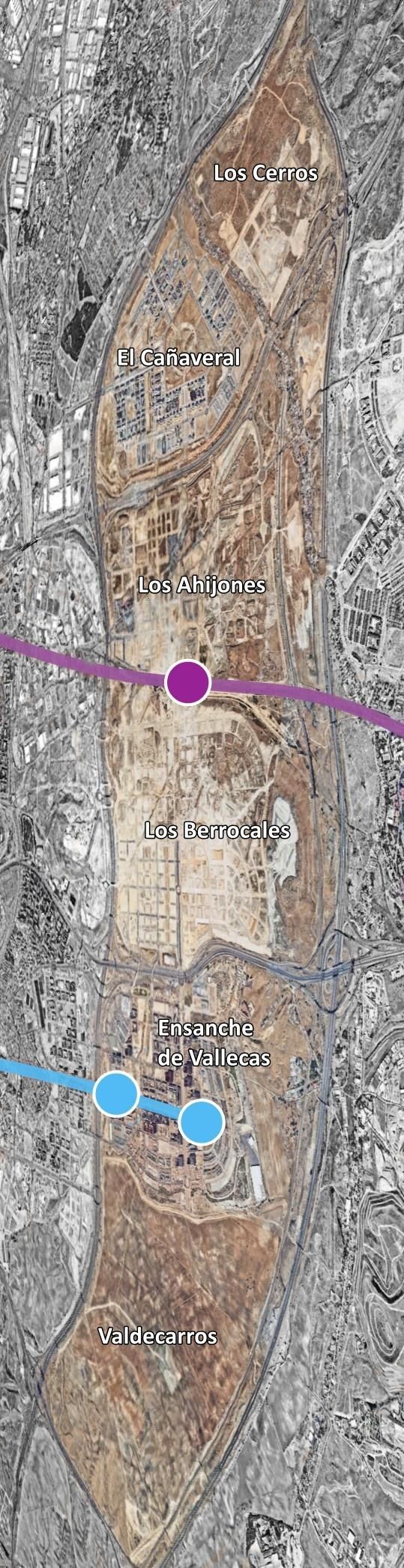 Desarrollos del Este y paradas de Metro actuales (en azul) y previstas (en morado)