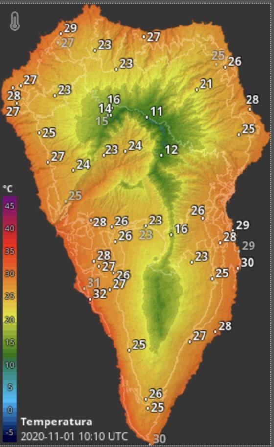 Mapa de HD Meteo de la temperatura que se registraba en  diferentes puntos de La Palma este domingo, 1 de noviembre, a las 10.10 horas.