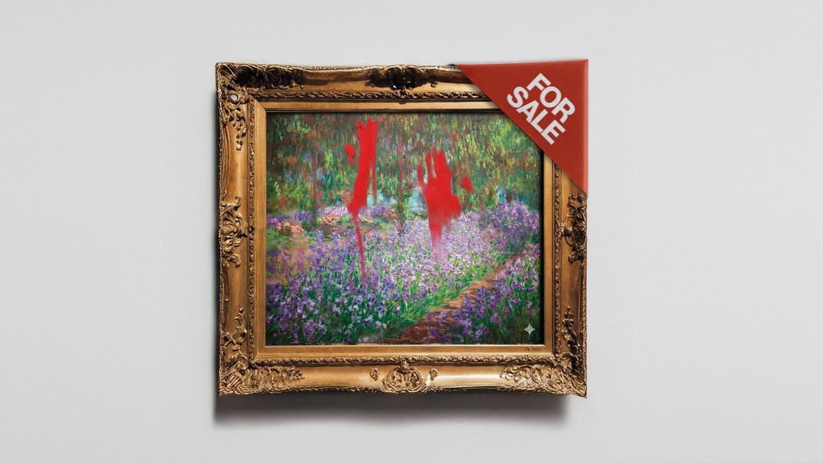 Versión vandalizada con pintura roja de 'El Jardín del Artista en Giverny', de Claude Monet, a la venta en la puja online de 'Artivism'.