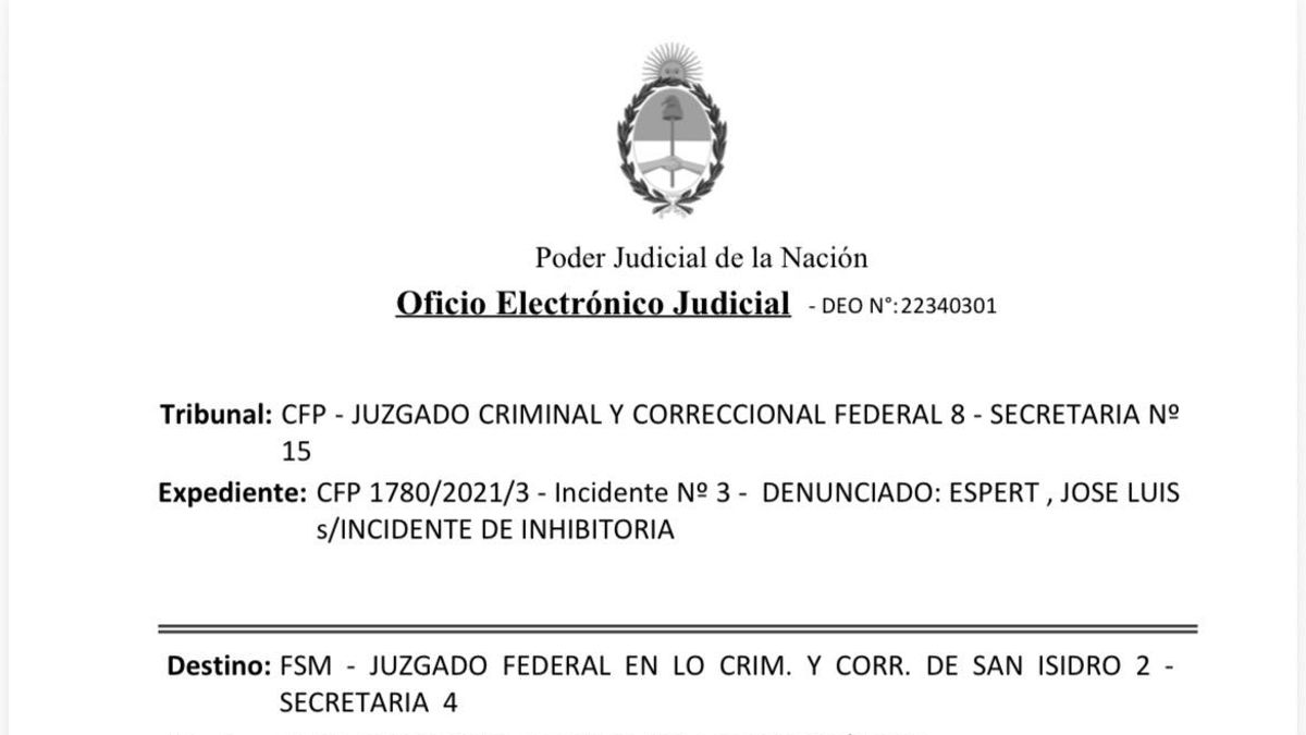 El juzgado de Marcelo Martínez de Giorgi pidió al de Lino Mirabelli (San Isidro) certificación de la causa de presunto lavado contra José Luis Espert.