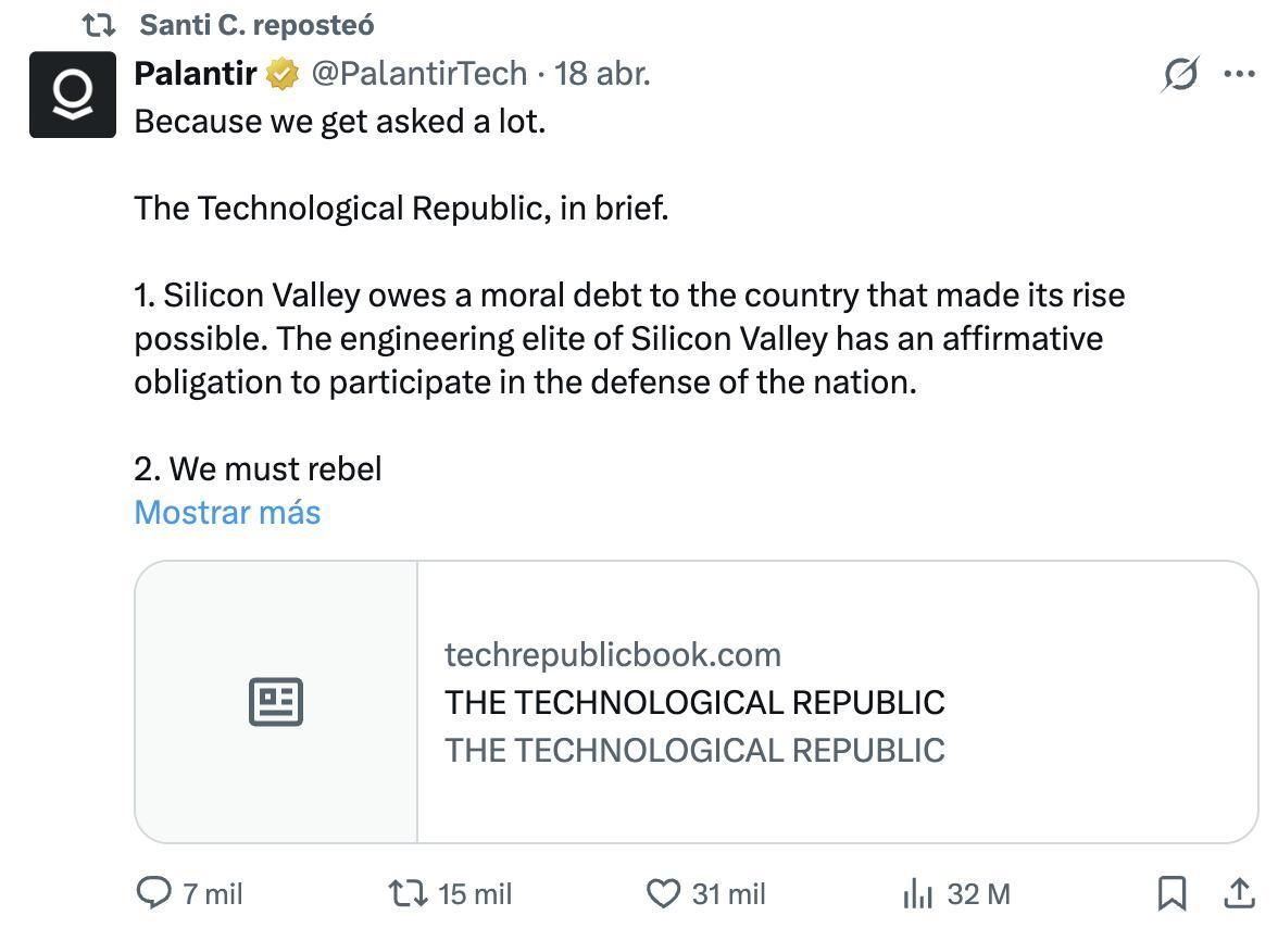 El poseo de Palantir retuiteado por Santiago Caputo.