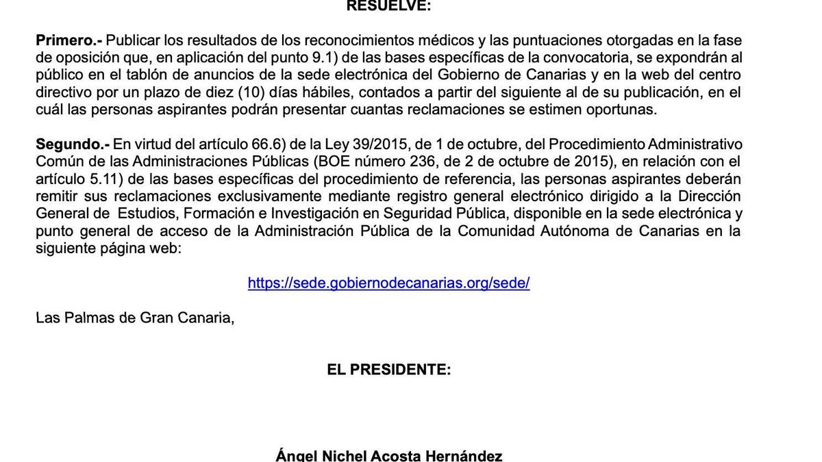 Firma de Ángel Nichel Acosta de los resultados del proceso selectivo.