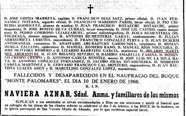 Esquela de la Naviera Aznar por el naufragio del 'Monte Palomares'.