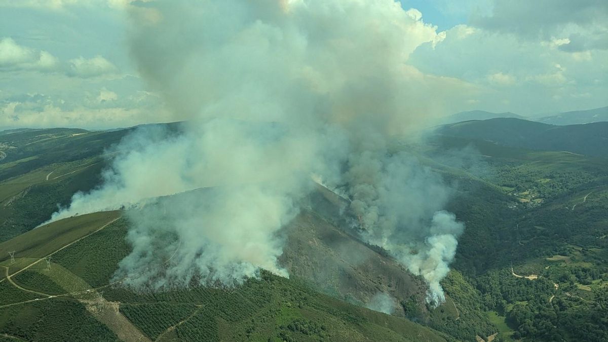 Varios focos en el preocupante incendio de Vega de Valcarce, visto por un helicóptero estatal.
