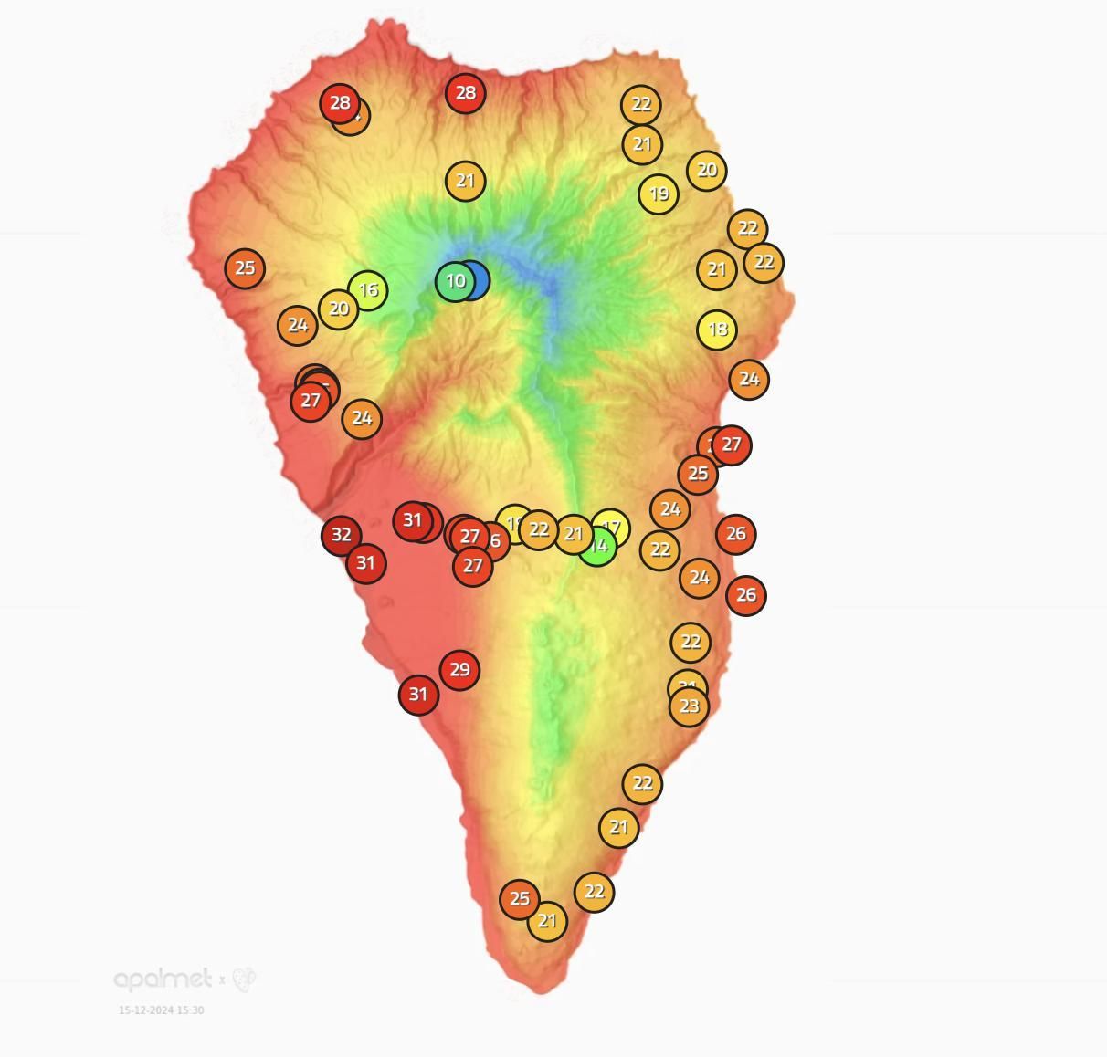 Mapa de Apalmet en el que se indica la temperatura que se registraba este domingo, 15 de diciembre, en diferentes puntos de La Palma.