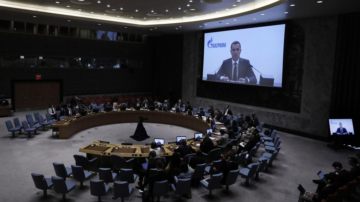 Sergey Kupriyanov Press Secretary of Gazprom speaks on screen during a United Nations Security Council meeting on the situation in Ukraine at United Nations Headquarters in New York, New York, USA, 30 September 2022. The Russian President has declared that there are four new regions of Russia and signed on 30 September the formal annexation of the Kherson, Zaporizhzhia, Donetsk and Luhansk regions of Ukraine.