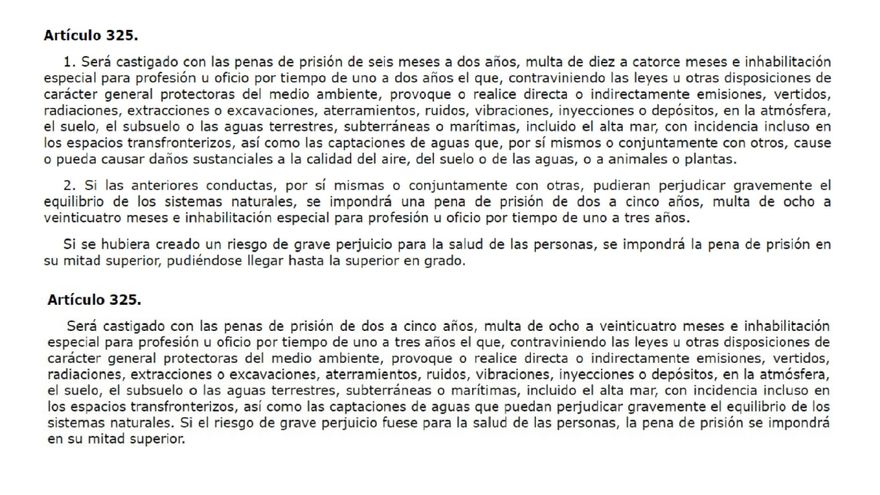 Arriba, la versión del artículo 325 modificada en 2015. Abajo, la versión de 2010
