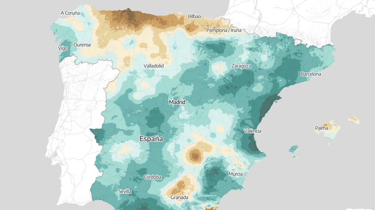 Imagen del mapa de la sequía en España, con sequía extrema en el norte