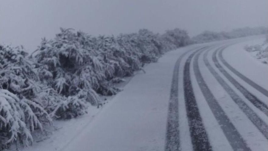 Otro tramo de la carretera LP-4 de acceso al Roque de Los Muchachos, este viernes, cubierta de nieve. LA PALMA AHORA