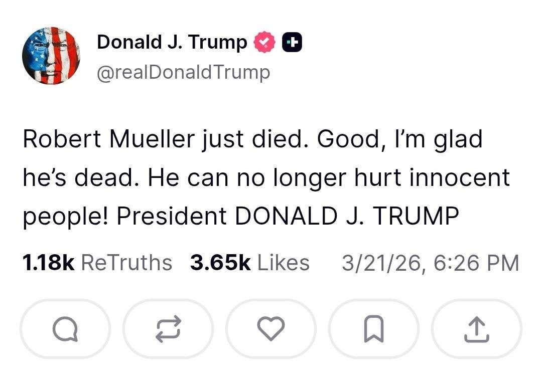 El post de Trump sobre el fallecimiento de Robert Mueller.
