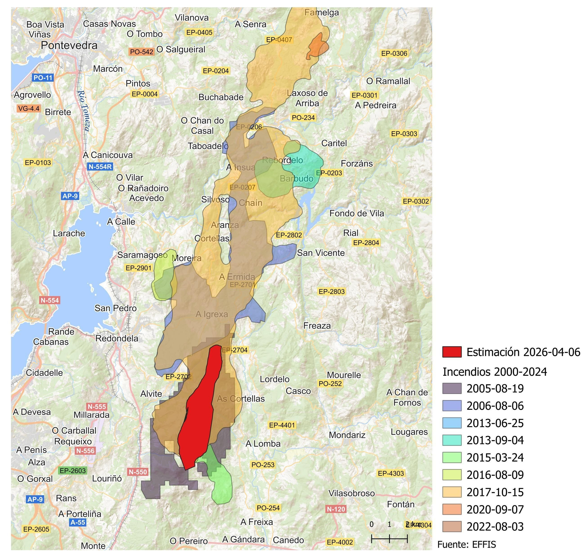 Incendos forestales en Ponteareas y Pazos de Borbén entre 2005 y 2026