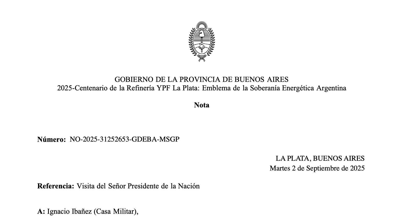 Parte de la nota que le envió el gobierno de Kicillof a Casa Militar.