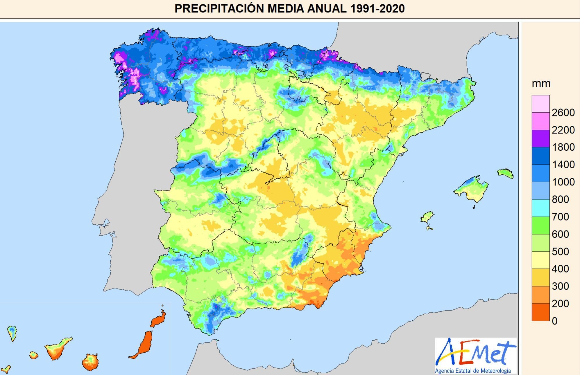 Mapa de la serie histórica de las precipitaciones en España