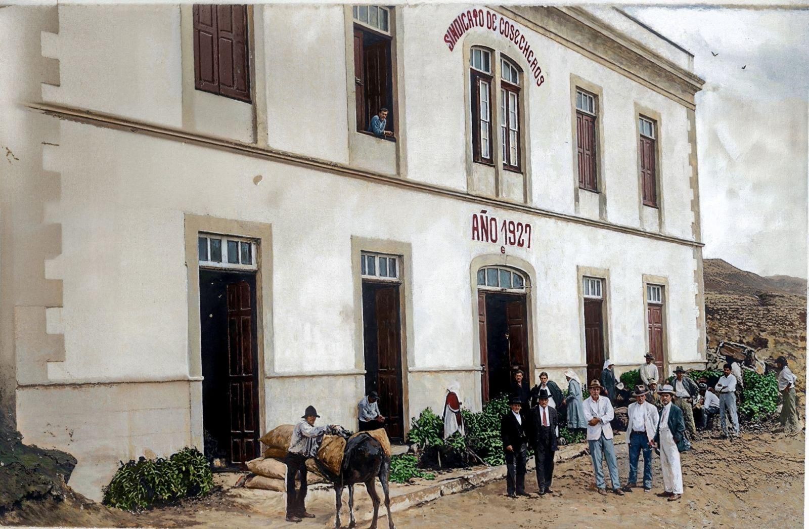 Sindicato de Cosecheros Año 1927. Pertenece al archivo de Eulogio Hernández y Fernando Fernández. Coloreada con IA.