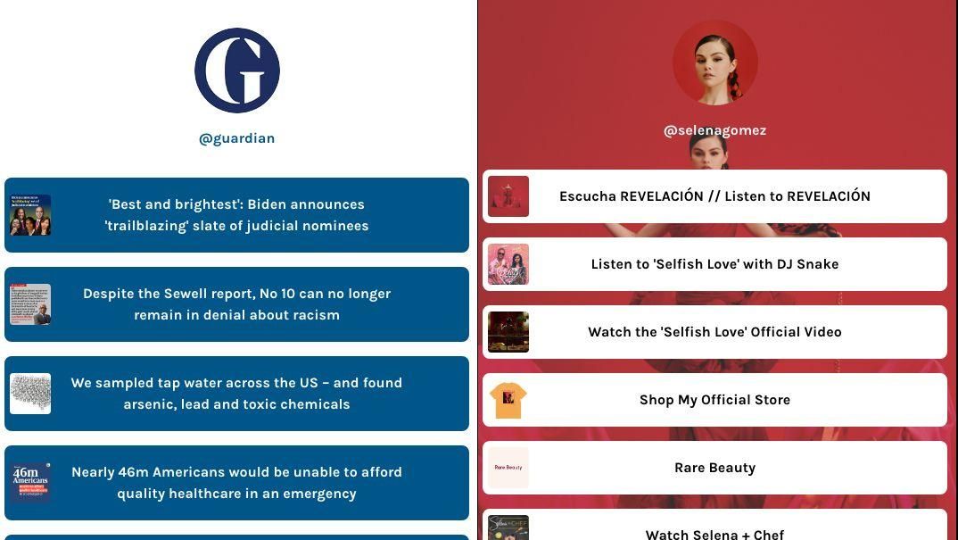 Ejemplos de perfiles en Linktree del periódico The Guardian y la artista Selena Gómez