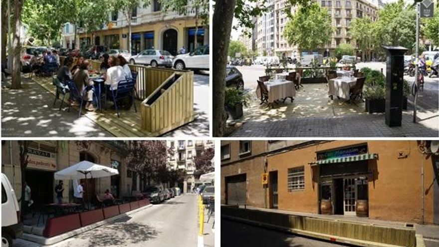 Algunas de las terrazas que se han abierto la calzada en Barcelona durante la pandemia.