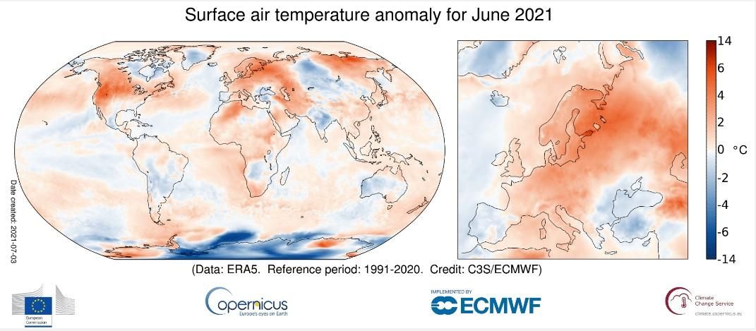 Registro de la anomalía en la temperatura mundial y europea durante el mes de junio