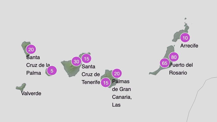 Probabilidad de lluvia esperada en Canarias en la madrugada del sábado al domingo
