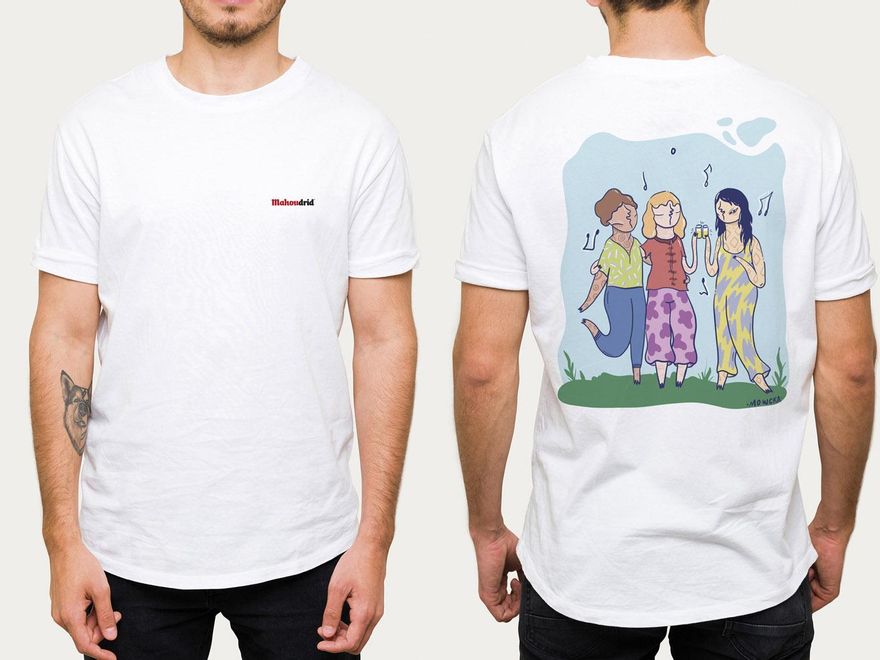 Camiseta que regala Mahou por Pinta Malasaña, con diseño de Mowcka