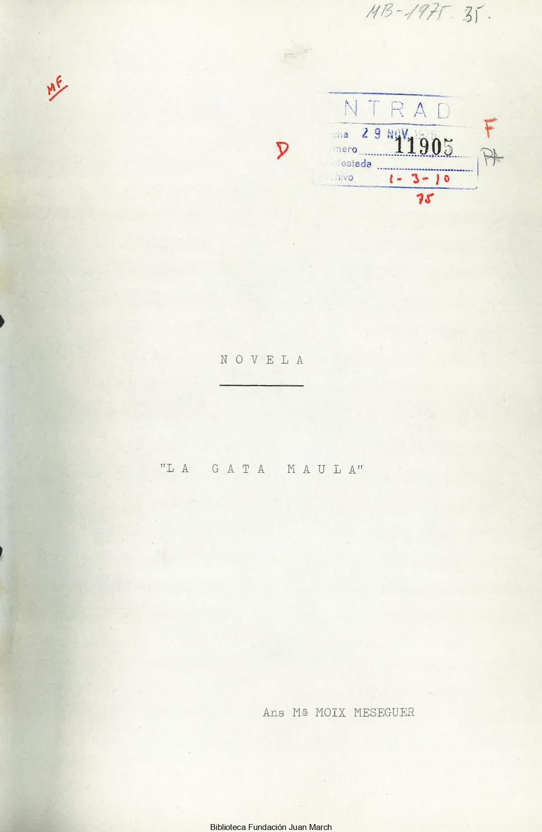 La portada del manuscrito de 'La gata Maula'