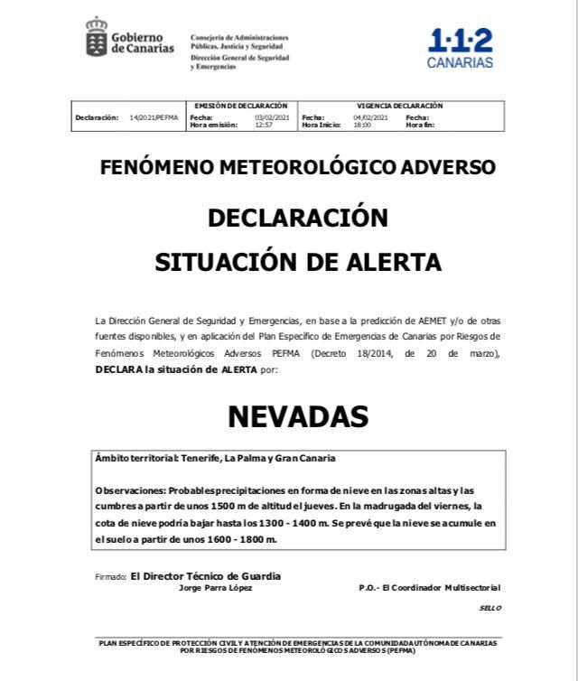 Declaración de alerta por nieves del Gobierno de Canarias