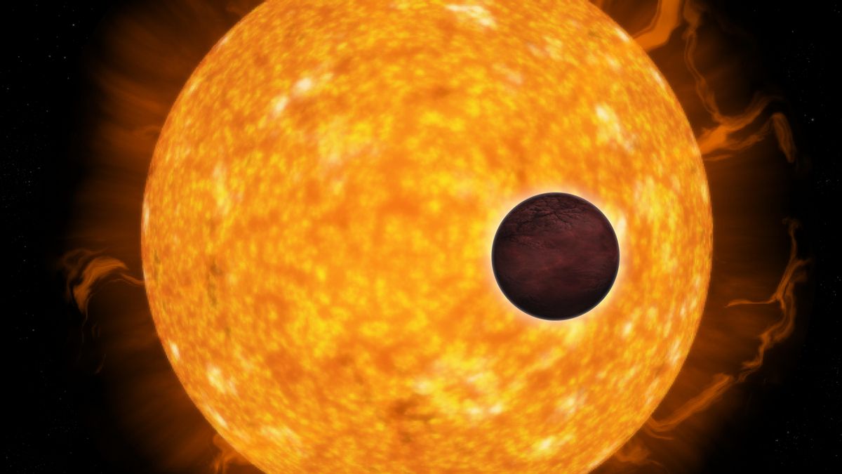 Representación artística de un pequeño planeta rocoso, quizás cubierto de lava, transitando frente a su estrella madre.