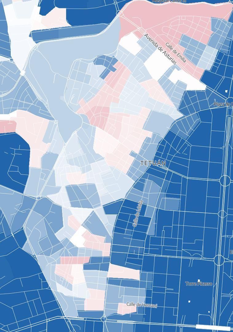 Resultados electorales del 4-M en Tetuán, por manzanas y bloques