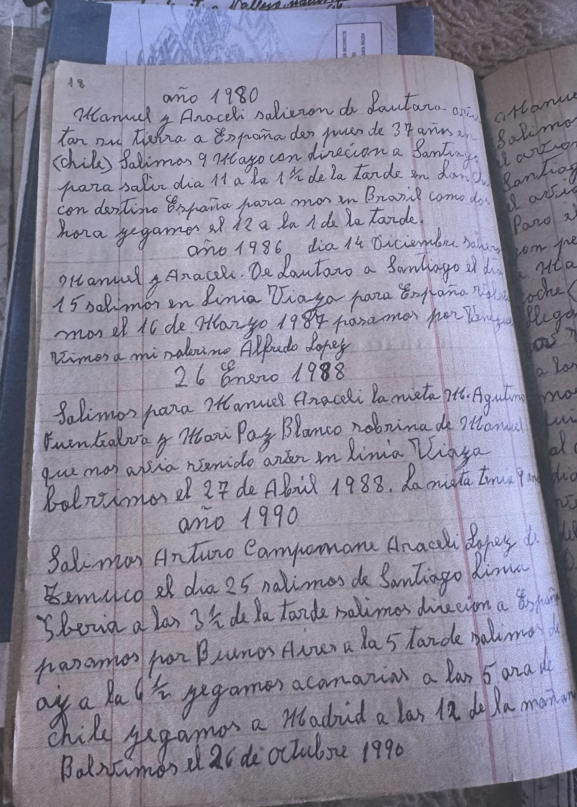 Página del diario de Araceli en la que tiene recogidos sus viajes a España después de exiliarse a Chile.