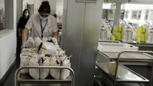 Una sanitaria transporta las bolsas de transfusión de sangre en el Centro de Transfusión de la Comunidad de Madrid (s/n Distrito, Av. de la Democracia),