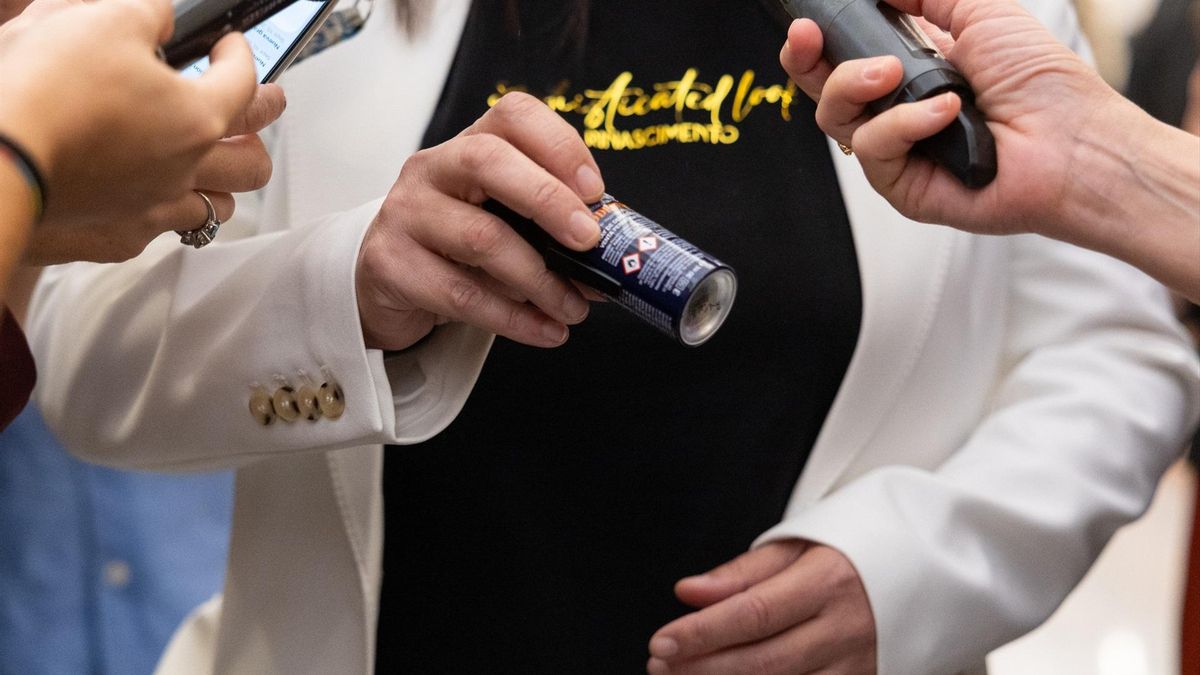 La diputada del PP, Ana Vázquez, en los pasillos del Congreso, con un spray de pimienta.