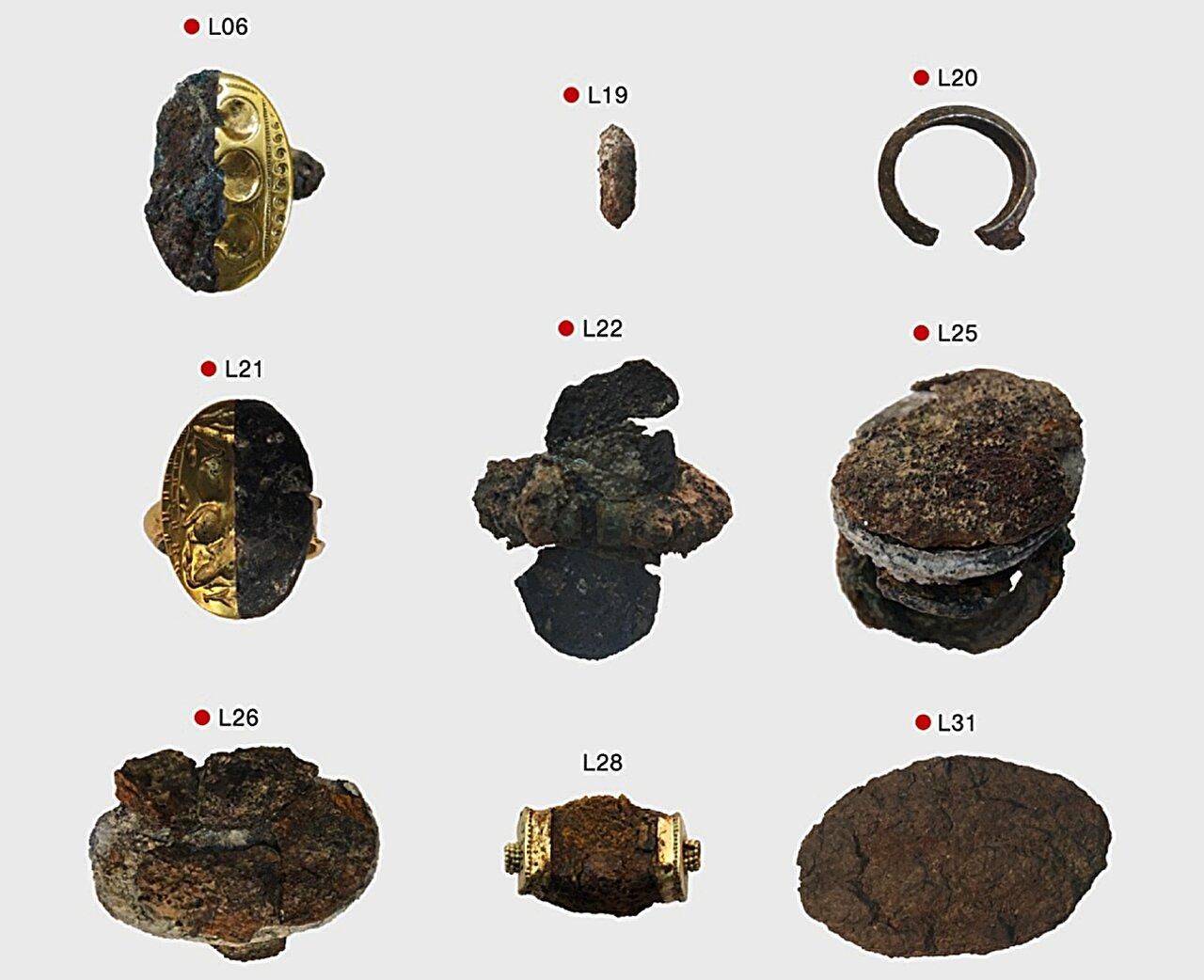 Selección de joyas de hierro de la Edad del Bronce Tardía (L). El punto rojo indica un artefacto que contiene níquel