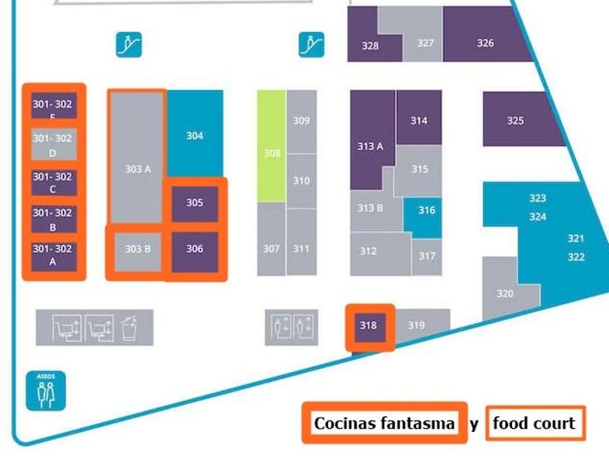 Ubicación de las cocinas fantasma en el Mercado de Barceló (en naranja). Otros locales de restauración, en morado. En gris, locales vacíos