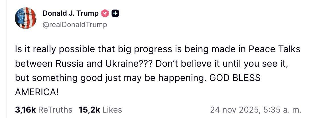 Truth Social de Donald Trump sobre las negociaciones para la paz en Ucrania.