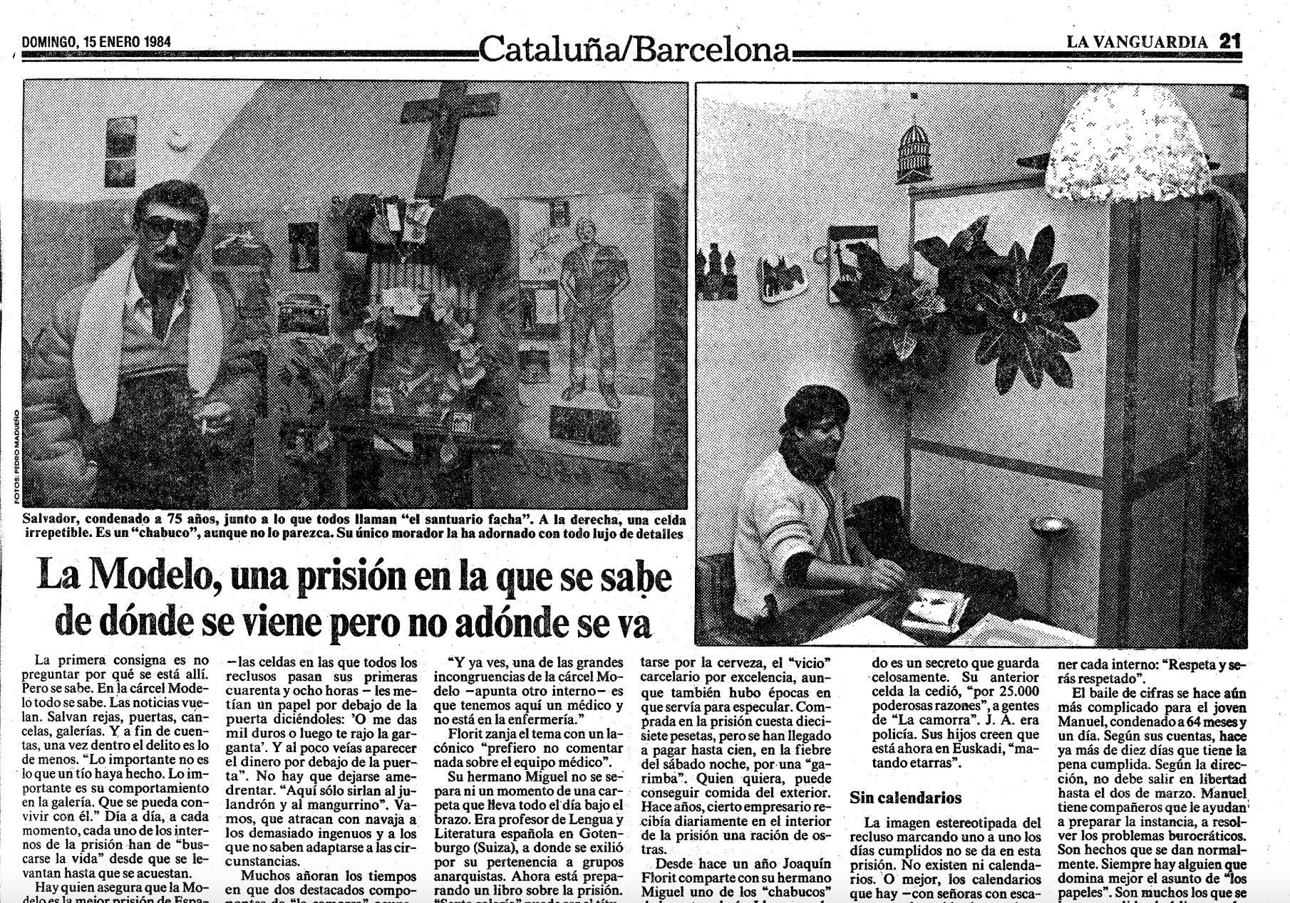 Reportaje de La Vanguardia sobre La Modelo en enero de 1984. A la izquierda aparece Salvador Durán, que posa al lado de su conocido "santuario facha".