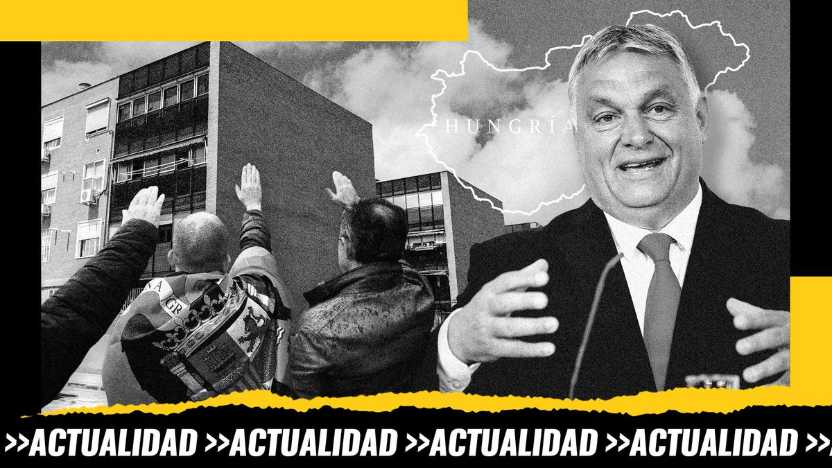 Montaje: neonazis en una concentración en Madrid sobre edificios de viviendas del barrio de Orcasur junto a una imagen del ya expresidente de Hungría Viktor Orbán sobre el mapa de su país
