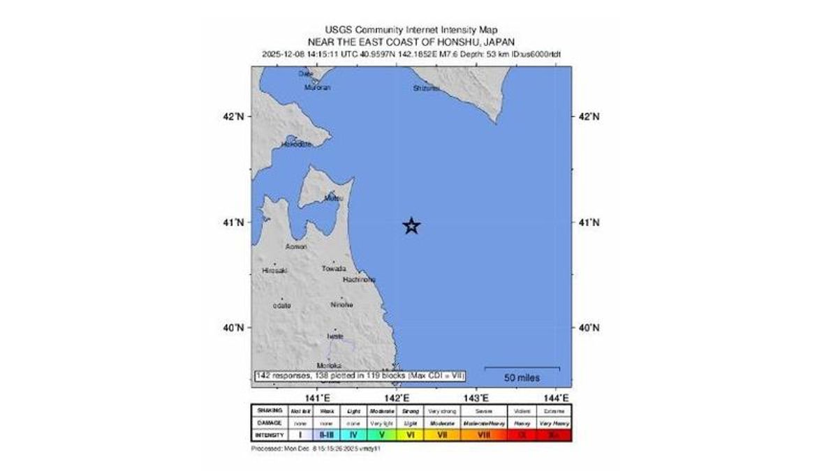 Un mapa del terremoto de este lunes en Japón, cedido por el Servicio Geológico de EEUU