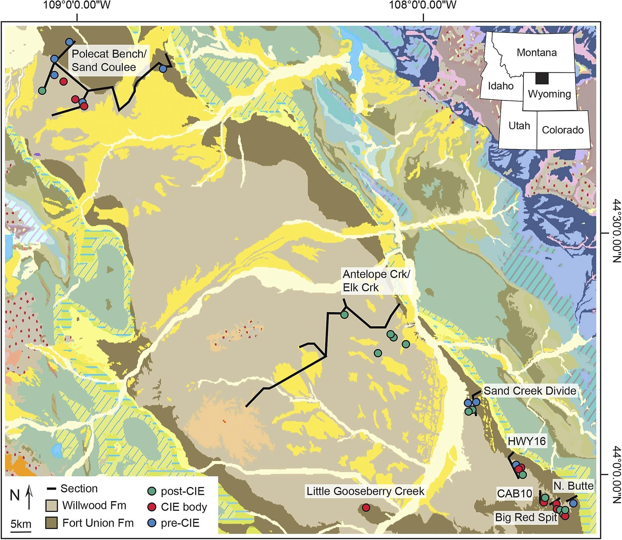 Mapa del área de campo en la Cuenca Bighorn, Wyoming, EE. UU.