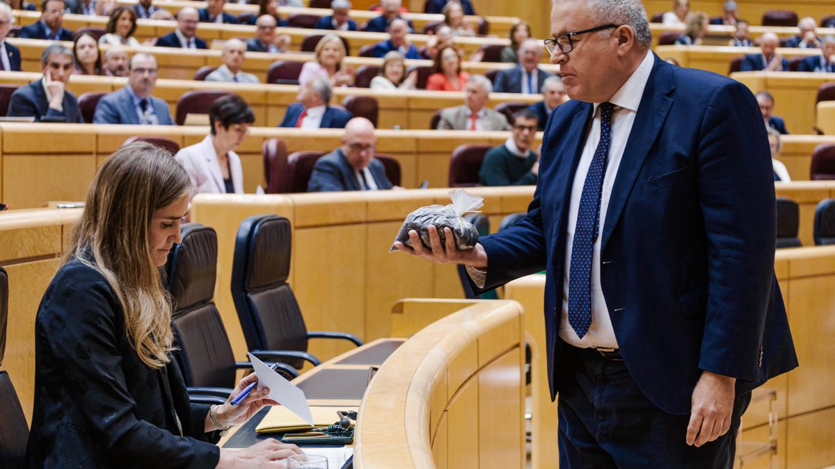 El senador del PP, Francisco Bernabé Pérez, entrega a la vicepresidenta tercera y ministra para la Transición Ecológica, Sara Aagesen, un paquete con tierra contaminada durante la sesión de control al Gobierno en el Senado