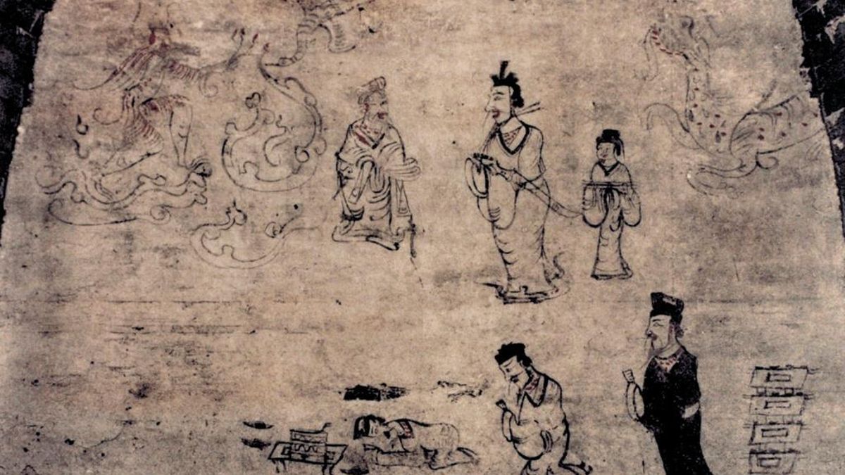 El mural de la tumba n.° 2 de la dinastía Han del Este en Yingchengzi, condado de Jinxian, provincia de Liaoning (pared norte de la cámara principal)