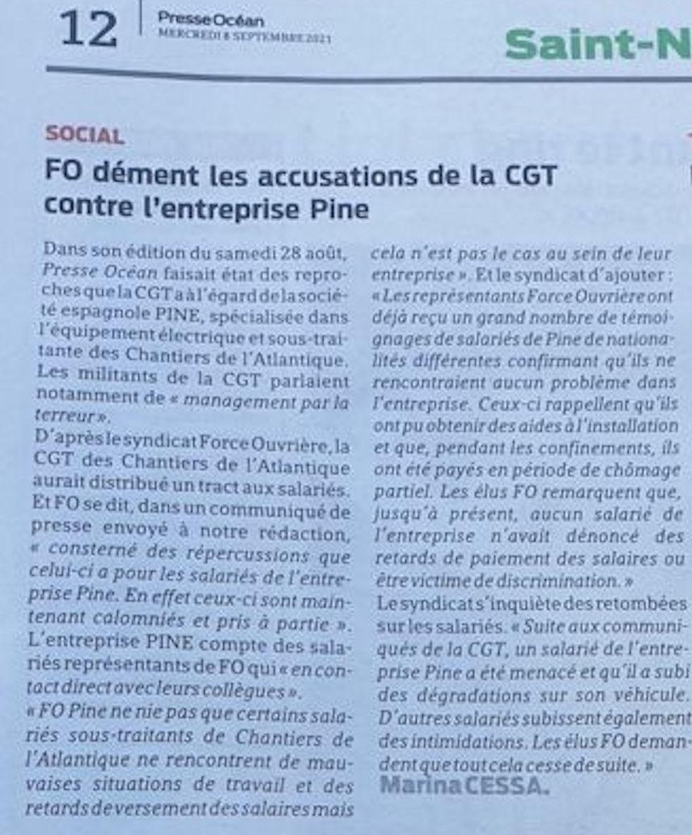 Desmentido de Force Ouvriere sobre las denuncias de maltrato en la empresa PINE en el astillero de Saint Nazaire.
